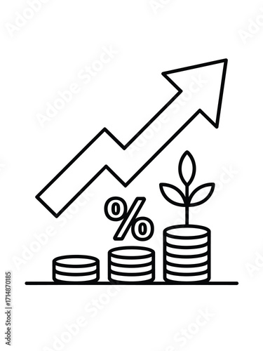 Financial growth chart with growing coins and percentage symbol