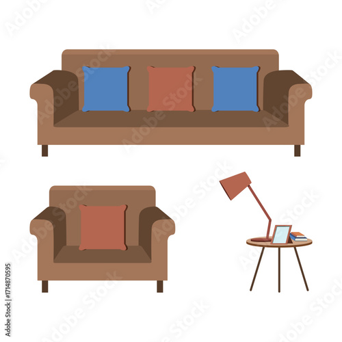 Cozy Living Room Furniture Set with Armchair, Sofa, and Table Lamp