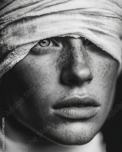 Haunting Black and White Portrait of a Person with Bandaged Eyes, Revealing One Intense Eye and Freckles, Embodying Vulnerability, Blindness, and Inner Vision – Ideal for Conceptual Art, Psychology