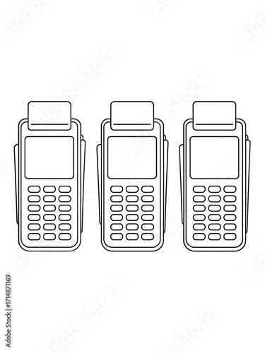Three payment terminals in a row isolated on white background
