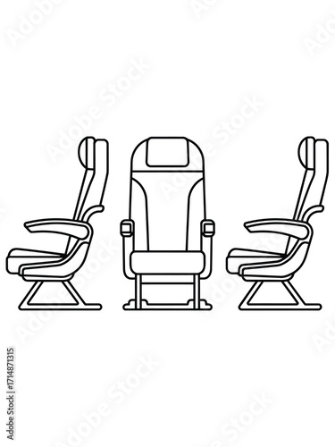 Airplane seat design in three views line drawing