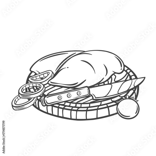 Raw chicken breast on round wooden board line icon. Outline hand drawn sketch of poultry meat fillet with knife, tomato and onion rings to cook meal. Cooking mascot, chicken meal vector illustration