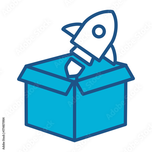 Product Launch Icon In Blue Monochrome Flat Design, Vector Illustration