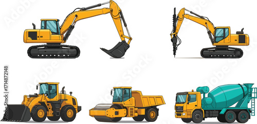 Construction vehicle illustration, excavator loader roller mixer, colorful machinery graphic, civil engineering equipment, industrial site clipart, building tools vector