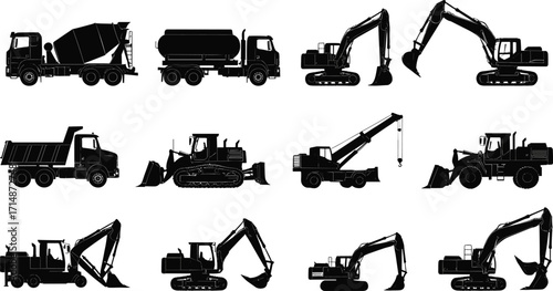 Construction vehicle silhouette set, black heavy machinery icons, excavator bulldozer mixer crane, industrial equipment graphic, civil engineering tools vector