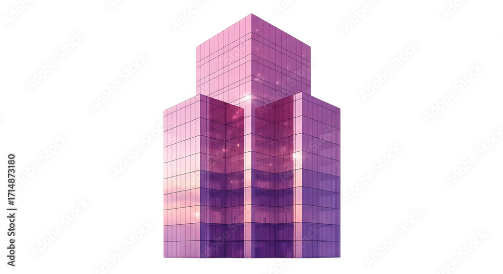 Fototapeta premium Modern glass skyscraper with purple and pink reflections isolated on transparent background