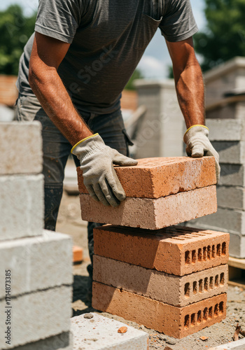 A worker lifts bricks wearing gloves at a construction site  