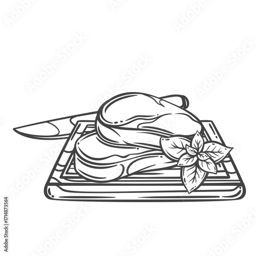 Meat steak two slices with fat strips on wooden board with knife and basil line icon. Outline hand drawn sketch of raw fresh pork or beef chops, cuts of cow meat. Cooking mascot, vector illustration