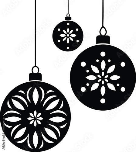 Black Snowflake and Floral Pattern Christmas Ornaments Keywords: christmas, ornament, decoration