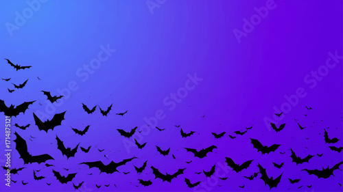 Dark Halloween night with flying bat silhouettes creating eerie spooky atmosphere in purple sky.
