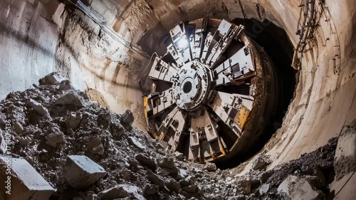 Underground tunnel boring machine drills through rocky ground