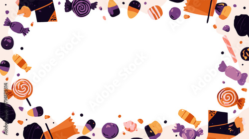 Colorful Halloween candy corn and lollipop border festive sweet treats frame with white background.