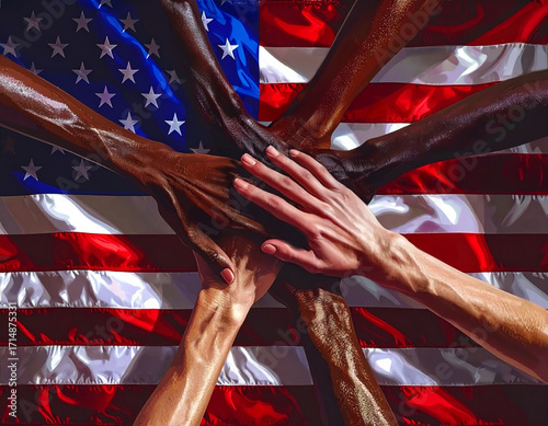 American Flag with hands from various American ethnic groups as symbol for peace tolerance respect and sign against xenophobia
