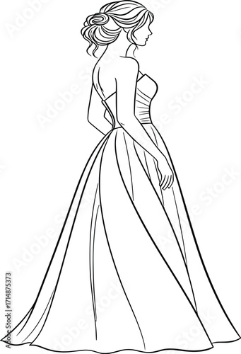 Elegant gown, fashion sketch, formal dress, line art, woman profile, black and white, hairstyle, strapless design, artistic illustration, couture style