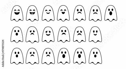 Collection of Cartoon Ghost Icons with Varied Emotional Expressions.