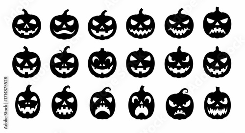 Collection of eighteen black Halloween pumpkin silhouettes with varied expressions.