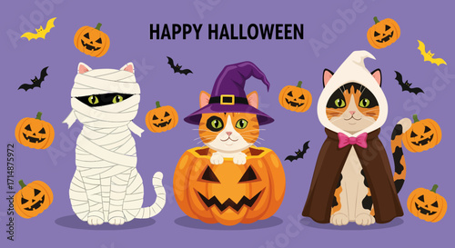 Halloween Cats Mummy Witch and Cape Cat with Pumpkins and Bats.