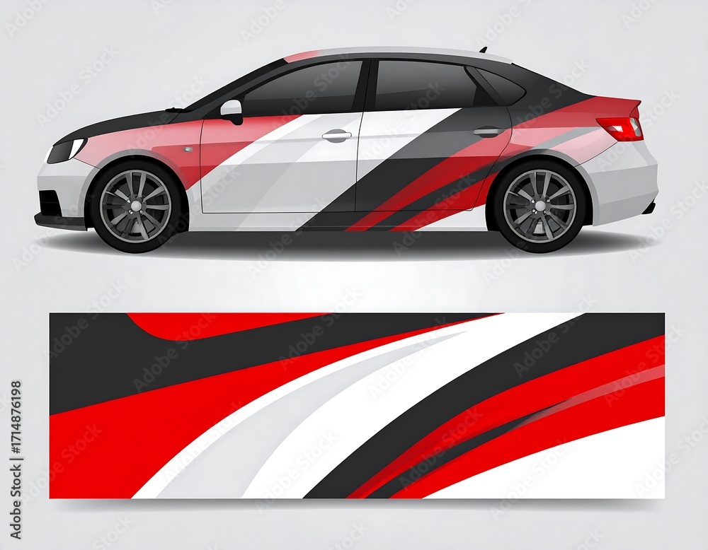 Naklejka premium Stylish car wrap design featuring dynamic red, white, and black graphics.