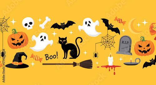 Halloween Seamless Pattern with Pumpkins Ghosts Bats and Spooky Elements.