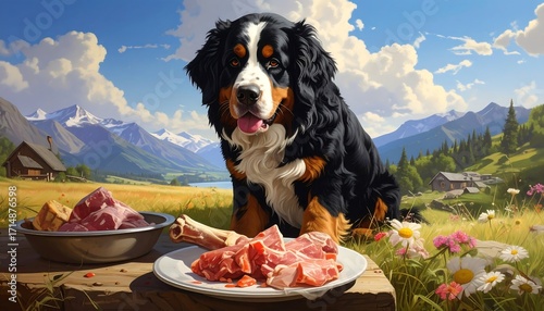 Bernese Mountain Dog enjoying a meal in a picturesque alpine landscape