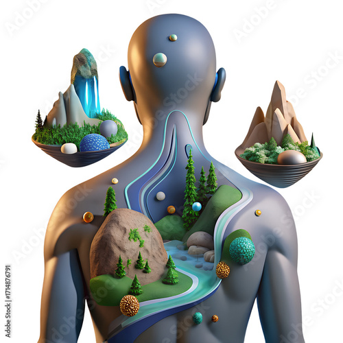Surreal human body landscape with miniature ecosystems and natural elements, isolated on transparent background