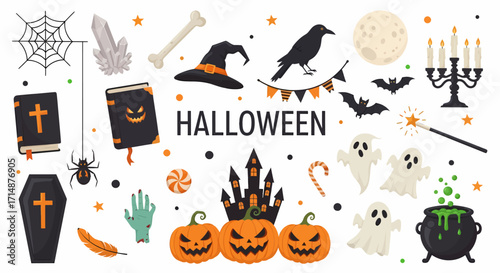 Spooky Halloween Assortment with Pumpkins Ghosts and Witchcraft Elements.