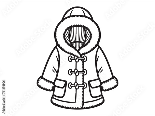 Line art winter coat with pockets and fur trim, educational coloring design