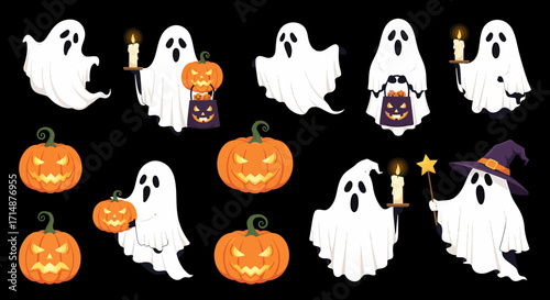 Spooky Halloween Ghosts and JackoLanterns with Candles and a Witch Hat.