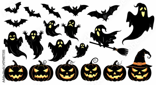 Spooky Halloween Silhouettes Bats Ghosts and JackoLanterns with Witch Hat.