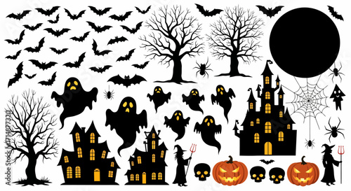 Spooky Halloween Silhouettes Bats Ghosts Haunted Houses Witches and Jackolanterns.