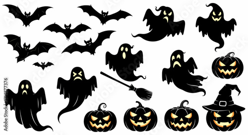 Spooky Halloween Silhouettes Bats Ghosts Pumpkins and Witchs Broom.