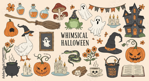 Whimsical Halloween Collection Spooky Icons Goose in Hat and Magic Elements.