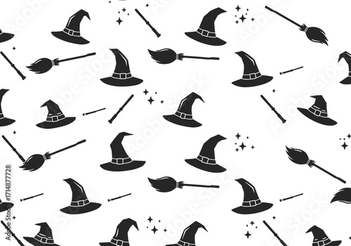 Seamless Halloween pattern with witch hats, broomsticks, and magic wands, spooky festive background design, black silhouette illustration, magical decoration for holiday celebration