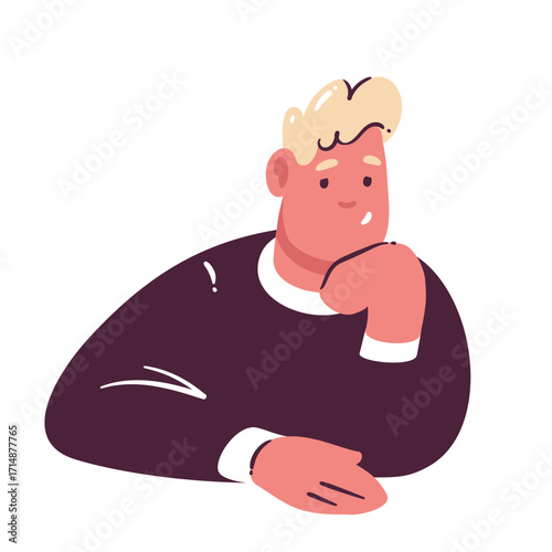 Pensive man with blond hair in dark sweater resting his chin on his hand, looking away and thinking. Cartoon doodle vector illustration of guy for websites, education, office, or creative projects.