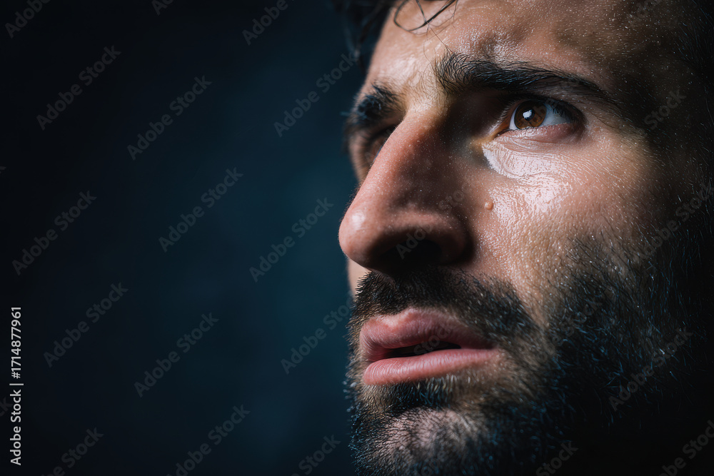 Obraz premium closeup of bearded man face showcasing his emotions of effort and joy