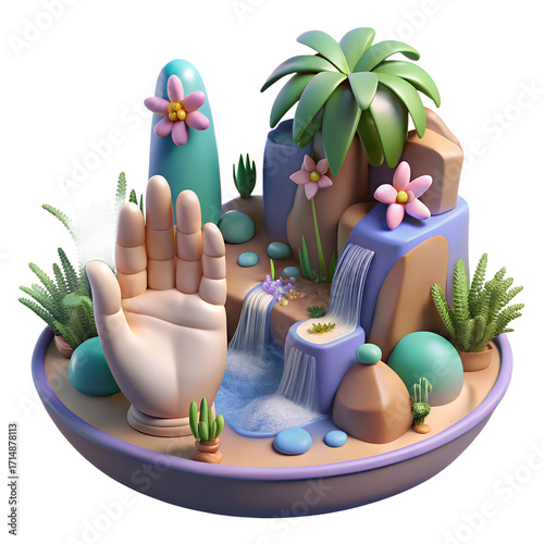 Whimsical miniature zen garden with a hand sculpture, tiny plants, and waterfalls, isolated on transparent background