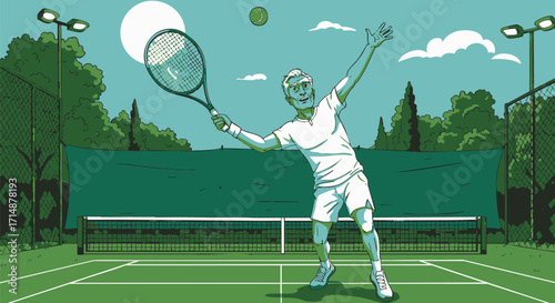 Dynamic illustration of a man energetically playing tennis on a vibrant green court, serving or hitting a powerful shot under a bright daytime sky, highlighting the athleticism and fun of the sport