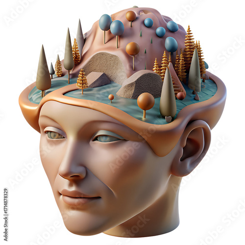 Surreal landscape of a miniature world growing on a human head, isolated on transparent background
