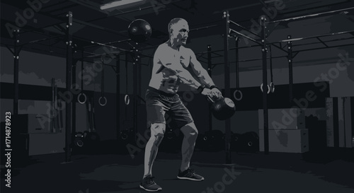 Middle-aged man performing kettlebell swings exercise in a gym during workout session