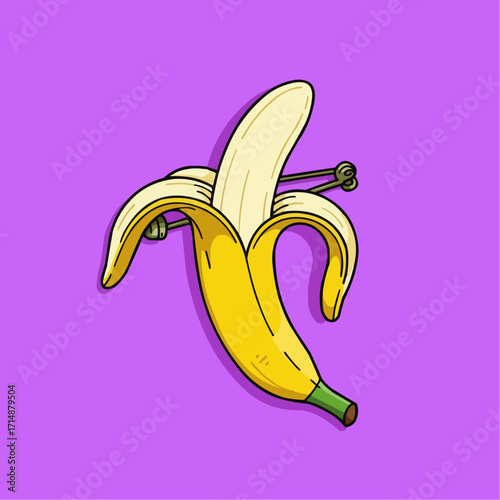 Cartoon banana brooch illustration with a safety pin on purple background  