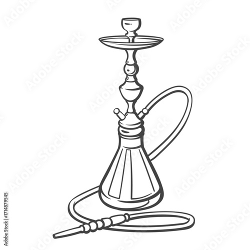 Long traditional hookah pipe with slim glass base and extended hose, styled in elegant black outline. Classic doodle design for cultural travel themes. Vector illustration.