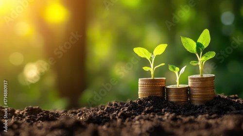 Growing money Plants sprouting from coins in soil, nature background; financial growth concept