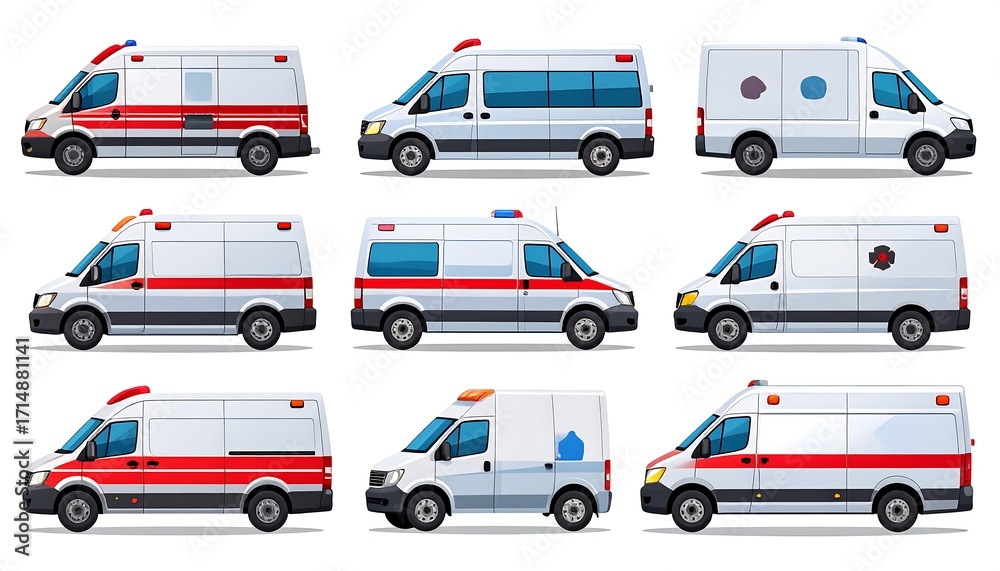 Fototapeta premium Collection of various ambulance vehicles displayed in different perspectives, showcasing diverse profiles and styles.
