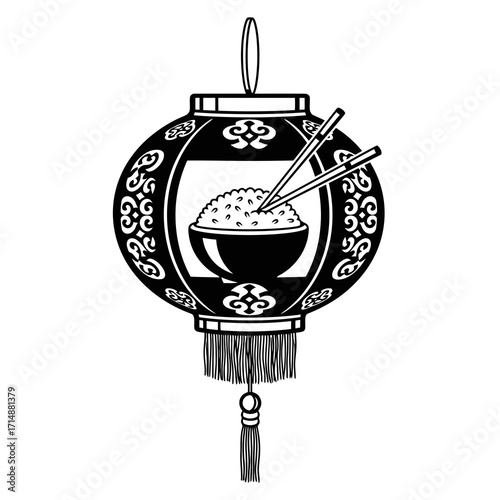Chinese lantern with rice bowl and chopsticks silhouette isolated on white background