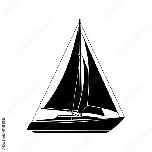 Black sailboat silhouette with full sails isolated on white background