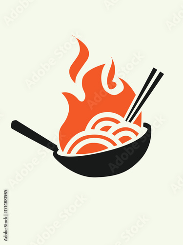 Stylized illustration of noodles in a wok with chopsticks, engulfed in vibrant orange flames, against a neutral background.