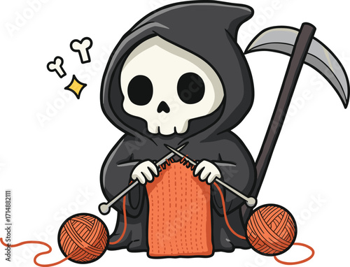 Cute Grim Reaper cartoon character knitting with yarn balls, funny Halloween skeleton illustration holding scythe, adorable spooky death figure in cloak