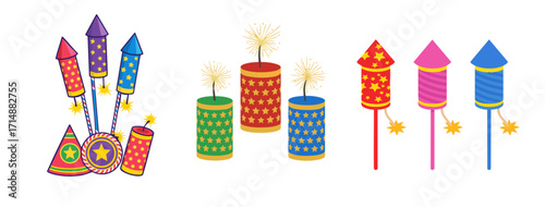 Colorful Diwali Firecrackers and Rockets Illustration on White Background
