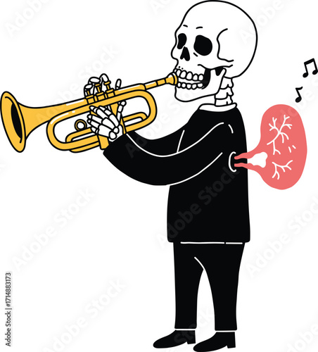 Funny skeleton playing trumpet cartoon illustration, spooky Halloween character in black suit blowing music with bones and lungs, humorous creepy artwork