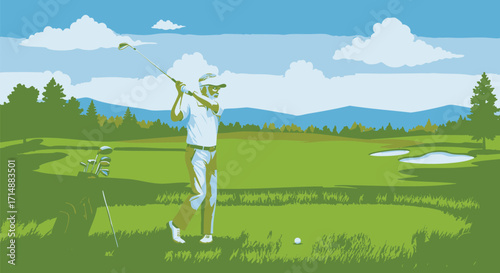 A golfer hitting a golf ball on a vibrant green course with hills and trees in the background